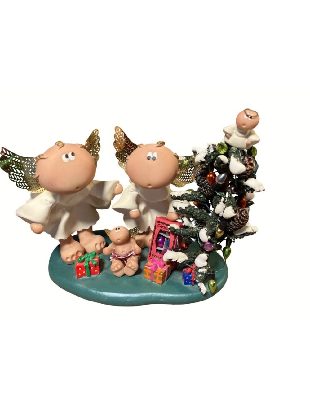 Russ Berrie Angel Cheeks Figurine Christmas Scene With Tree and Gifts Item